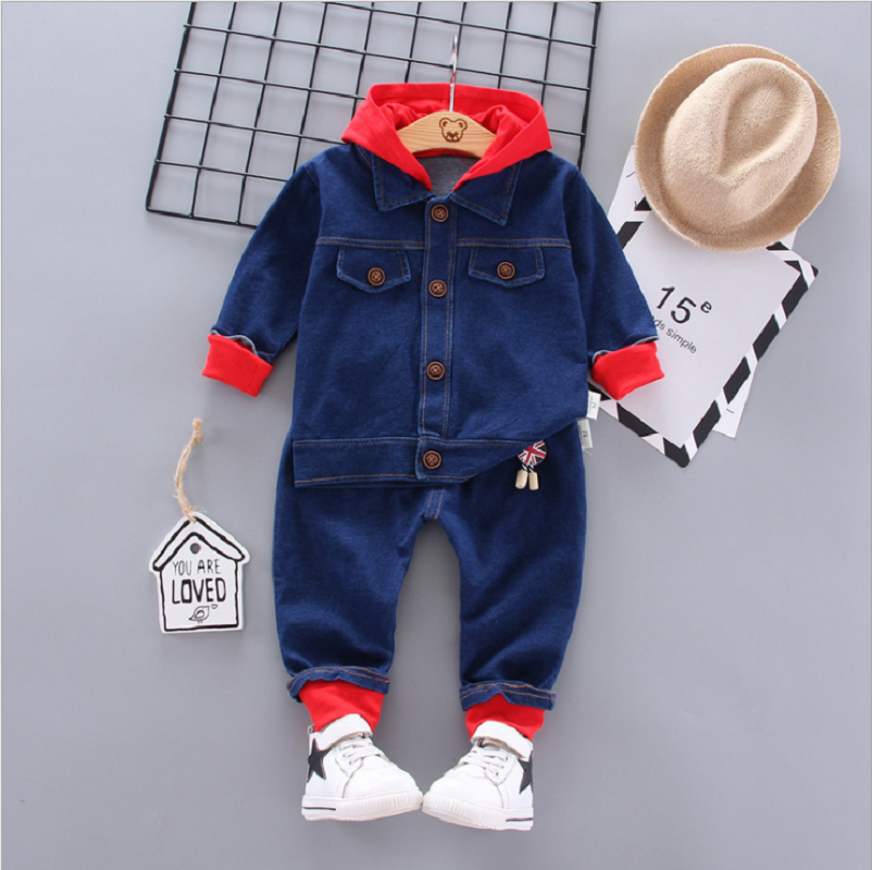 

Hot Children clothing Set autumn Fashion sports Toddler suit kids cotton Long sleeve denim baby Hooded jacket coat pants 2pcs suit, As picture