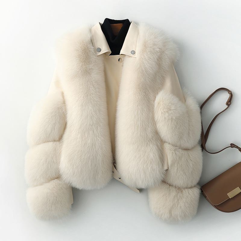 

Real Fur Coats With Genuine Sheepskin Leather Placket Natural Blue Hair Jacket Outwear Luxury Streetwear Women, Beige