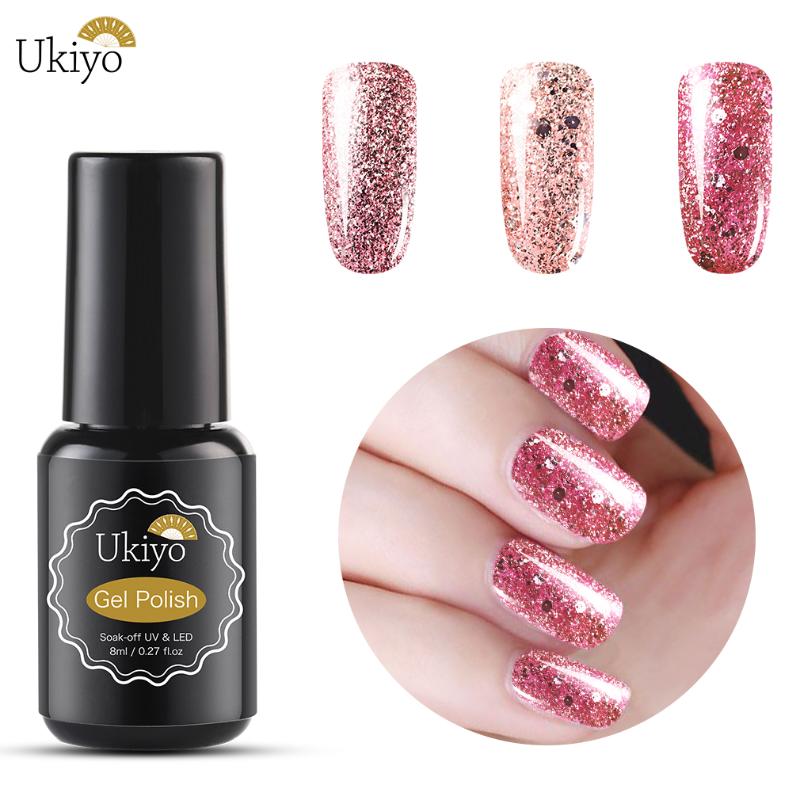 

Ukiyo 8ml Rose Gold Gel Nail Polish Soak Off Shining Glitter Bling UV Gel Polish Nail Art Lacquer Hybrid Varnish Mnicure, Base coat