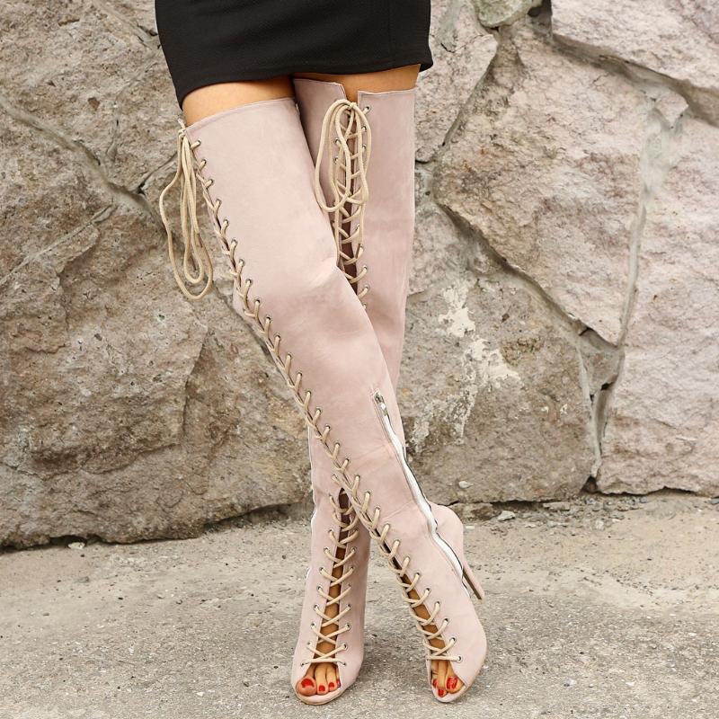 

Fashion Women Flock Zipper Peep Toe High Boots Lace-Up Over-The-Knee Cross Strappy High Heel Vintage Suede Shoes botas mujer, Beige