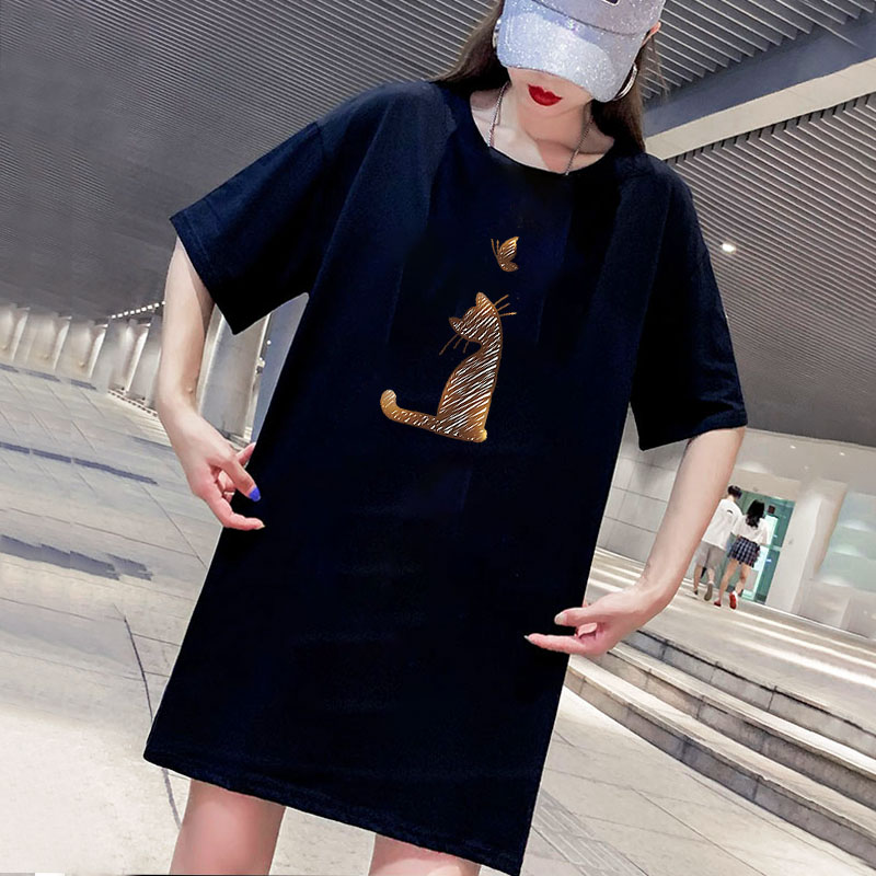 

Women DIY Dress Summer Fashion Cat Printed Dress Womens Casual Short Sleeve Crew Neck Dresses Ladies Hot Sale Clothing, White