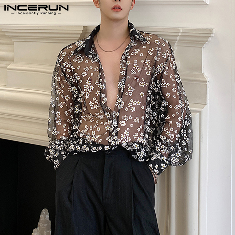

Fashion Men Mesh Shirt Transparent Long Sleeve Printed Lapel Loose Streetwear Blouse Party Clubwear Casual Casmia -5XL INCERUN, Black