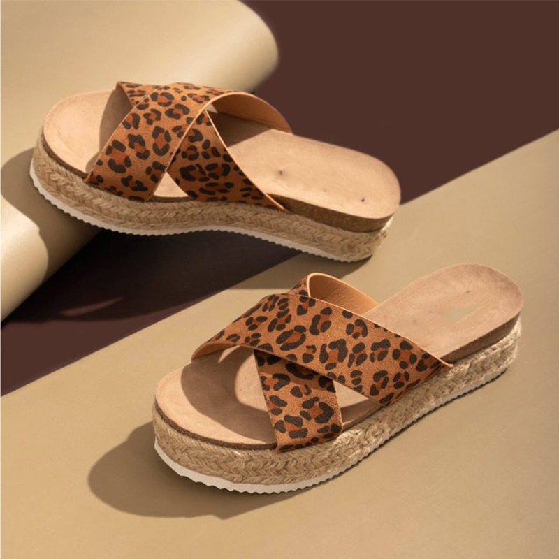 

Slippers Women Flats Platform Ladies Cross PU Leopard Female Shoes Summer Plus Size Comfort 2020 Casual Home Beach Woman, Black