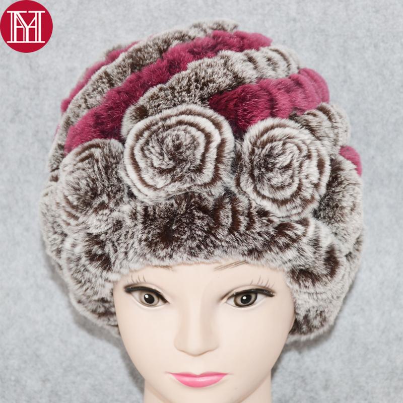 

2020 Fashion 100% Real Genuine Fur Cap Russia Winter Knitted Natural Real Rex Fur Hat Women Warm Beanies Hats, Color 18