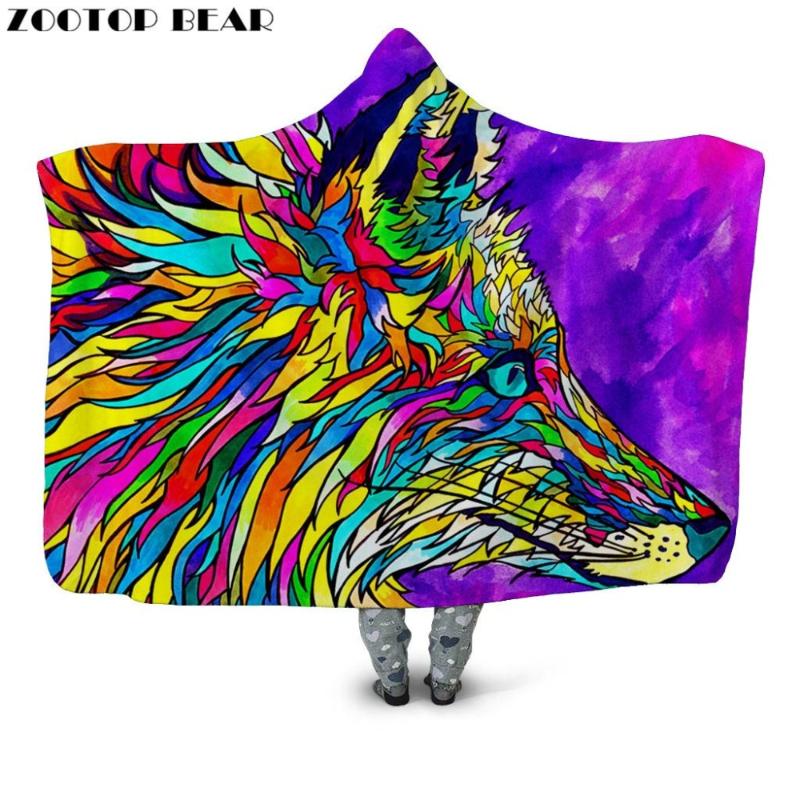

Animal Hooded Blanket Woman Popular Fashion Colorful Wolf 3D print Wearable Travel Adult Soft Throw Blankets Bedding Portable