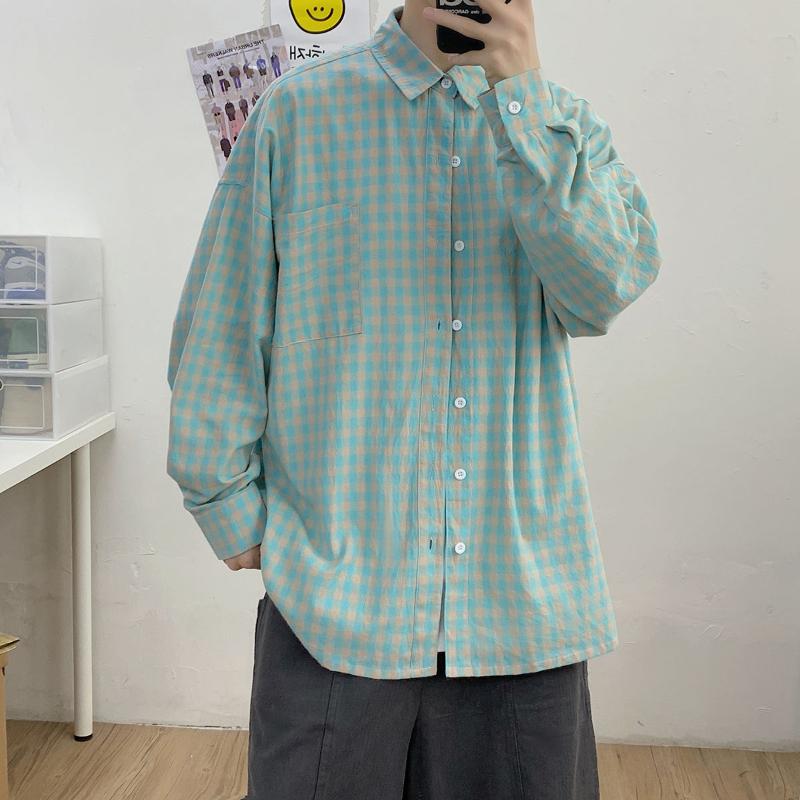 

2020 Men's Lattice Printing Hawaiian Shirt Long Sleeve Student Loose Shirt Camisa Masculina Streetwear Mens Fashion Shirts -3XL, Green