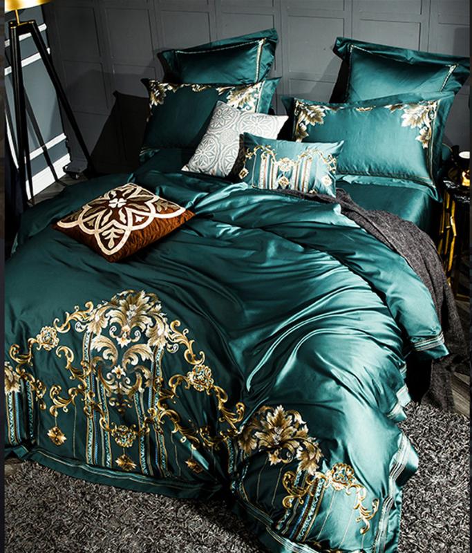 

Luxury 120S Egyptian cotton Embroidered Bedding set Queen King Golden Green Duvet cover Bed sheet set Pillowcase 4/6pcs, Color 7