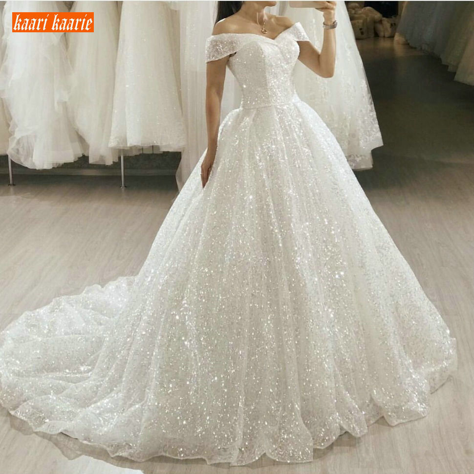 

Glitter Boho White Wedding Dresses Long 2020 Bling Bling Sequin Sweep Train Bride Gowns Princess Church Bridal Dress Custom Made, Champagne
