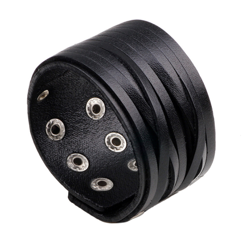 

Punk Black/Brown Real Genuine Leather Cowhide 1.6" Wide Adjustable Metal Button Wristband Unisex Bracelet &Bangle for Women Men