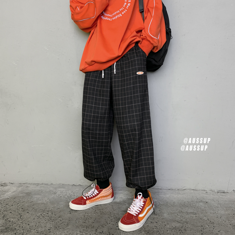 

Hong Kong-Style Men's Autumn Drawstring Ankle Banded Pants Men's Stylish Plaid Harlan Casual Pants Feet Capri-Pants, Black