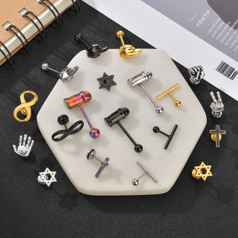 

1pc Punk Earring For Men Uniquely Designed Finger Star Fist Cross Stud Earring For Women Silver Color Black Unisex Jewelry
