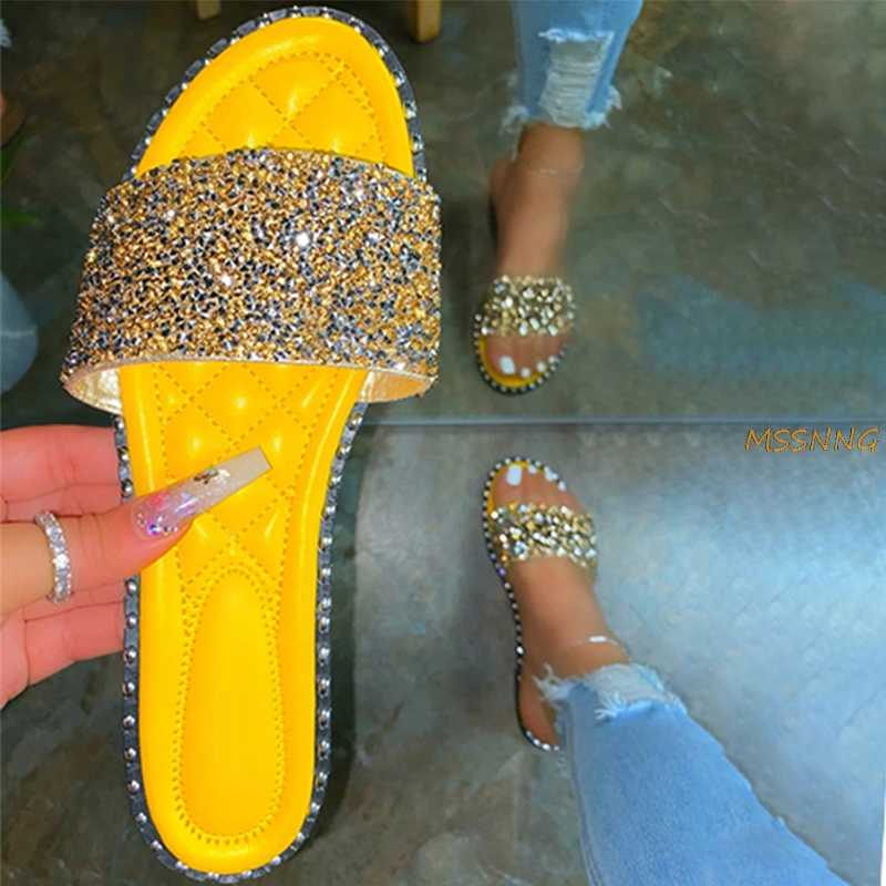 

2020 Summer New Women's Slippers Fashion Peep Toe Crystal Bling Flat Ladies Shoes Cute Candy Color Anti Slip Women's Slippers, Black