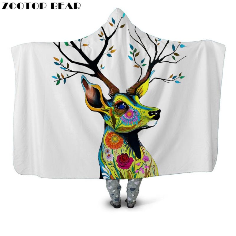 

Sika Deer Hooded Blanket Fashion Popular Wearable Cloak Flower 3D print Animal Female Quilts Adult Bedding Soft Fleece Blankets