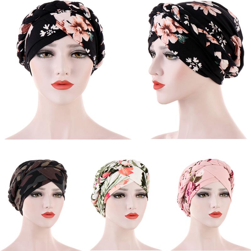 

Turban Women Muslim Bonnet Floral Print Braid Headwear Chemo Cap Headscarf Beanie Bonnet Head Wrap Hair Loss Cover Hat, 03 beige green