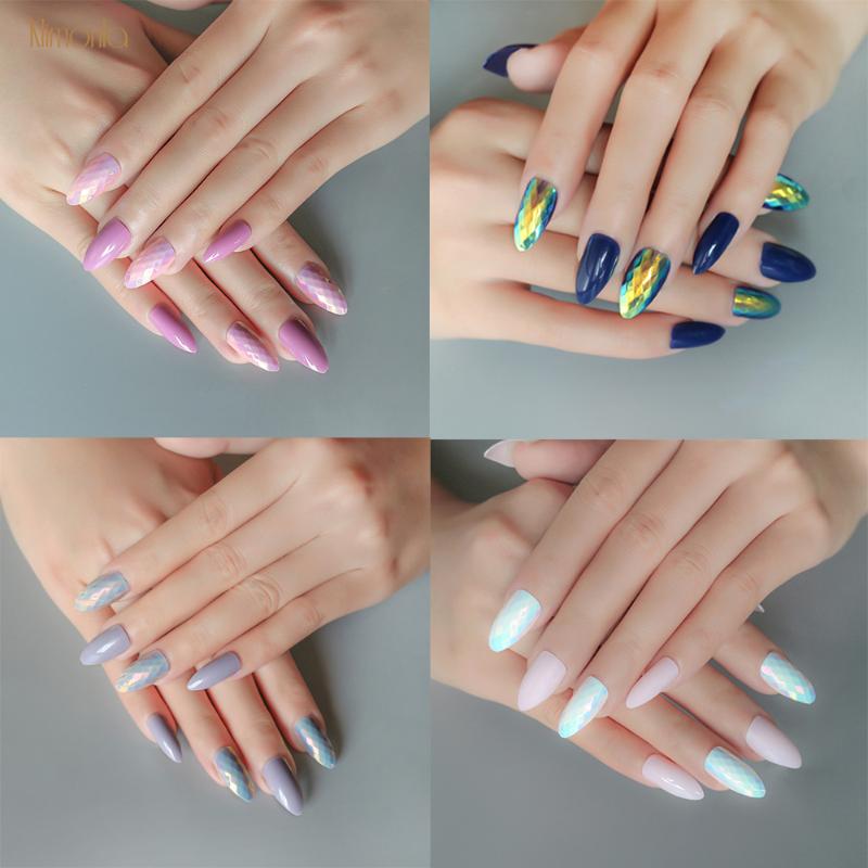 

24Pcs/set Stiletto Fake Nails Fish Scale Gleaming Effect Finished Nails Adhesive Patch Press On Nail Tips Ladies DIY Beauty, 0055-e159