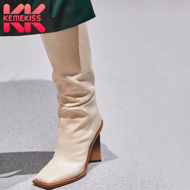 

KemeKiss Women Knee Boots New Fashion High Heel Winter Shoes Woman Square Toe Sexy Long Boot Warm Party Footwear Size 35-43, White