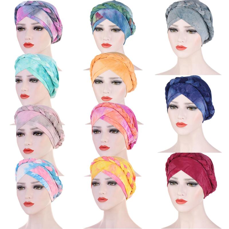 

Women Hair Loss Muslim Braid Tie Dye Head Turban Bandanas Wrap Cover Cancer Chemo Cap Hat India Bonnet Beanies Skullies Fashion, 04 orange