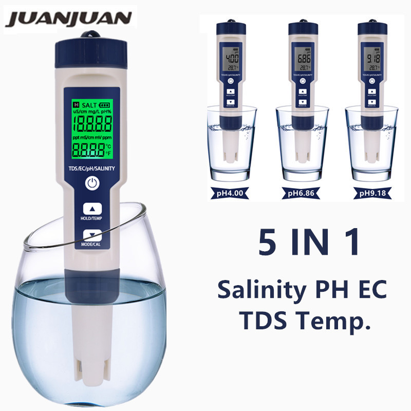 

5 In 1 Digital PH TDS EC Meter Salinity Temperature Tester Conductivity Water Filter Purity Pen with backlight 50%off