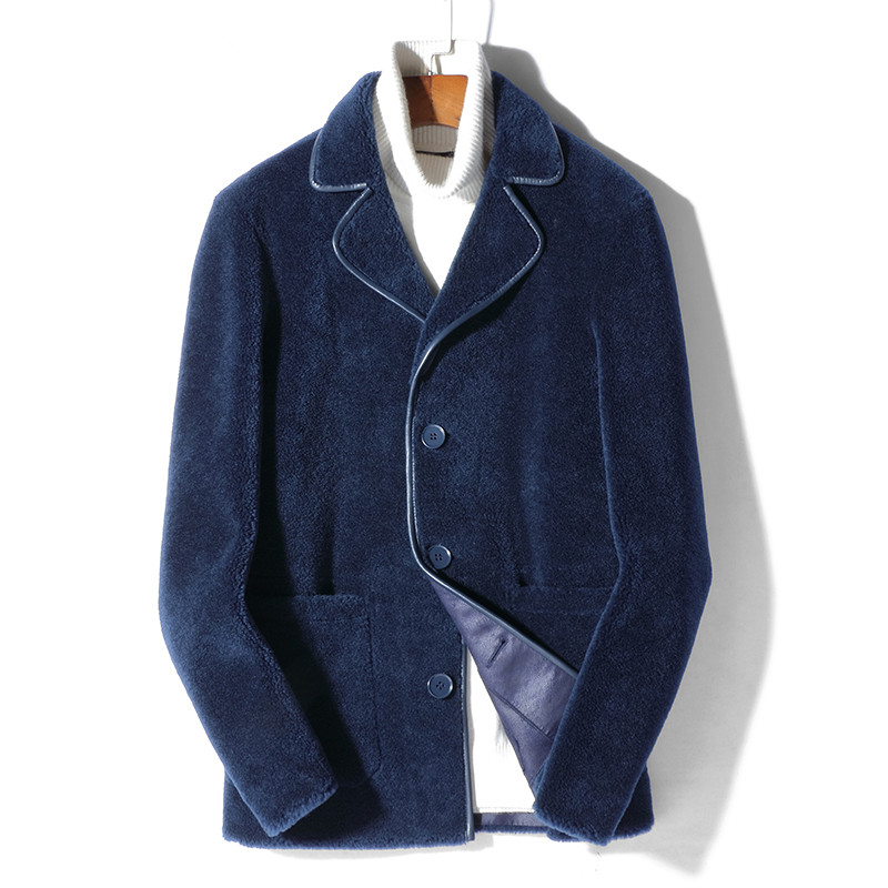 

Real Fur Coat Autumn Winter Jacket Men Sheep Shearling Fur 100% Wool Coats Streetwear Men Blazer MG-A1800088 MY2040, Navy