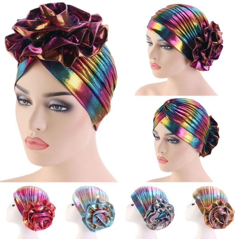 

Fashion Turban Wrap Caps Muslim Ladies Baotou Caps Multicolor Flower Headscarves Hats Dubai Party Ladies Headwear, Royalblue black