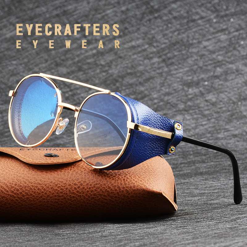

Women Metal Gradient 2020 Men Steampunk Gothic Goggles Sunglasses Retro Fashion Leather With Side Shades Round Sun glasses