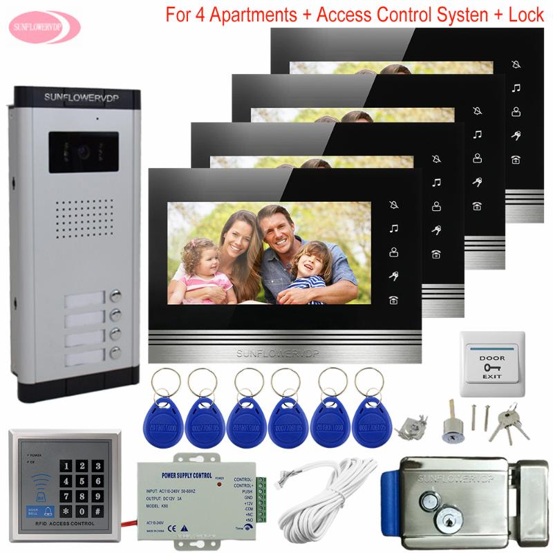 

7" Home Intercom System Access Control Video Intercom 4 Monitors Door Intercoms for Apartments Electronic Door Lock System Unit