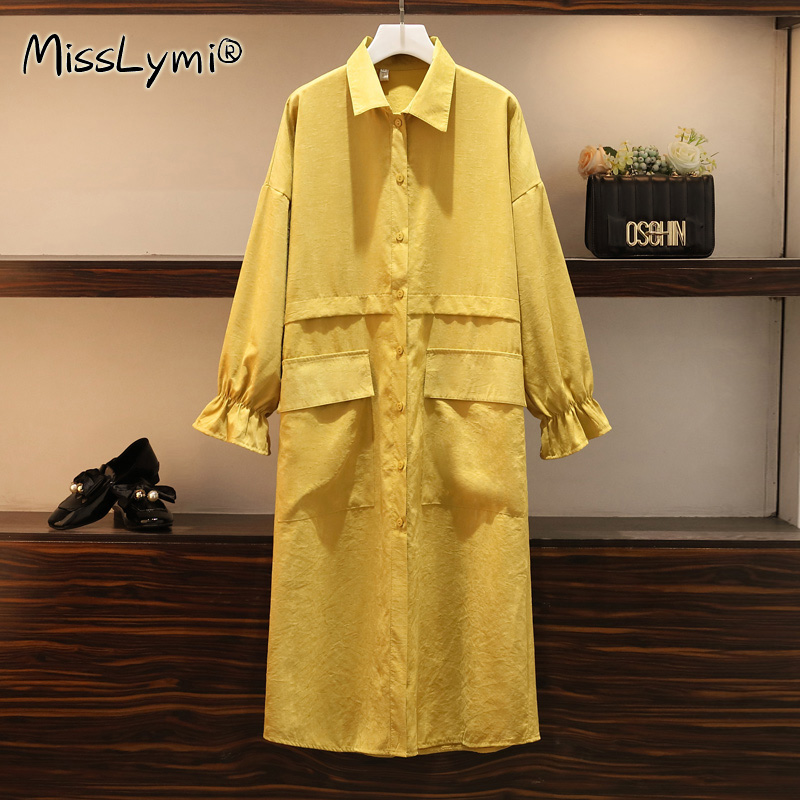 

4XL Plus Size Women Loose Casual Big Pockets Dress Autumn 2020 Fashion Turn-down Collar Long Sleeve Long Shirt Dresses Yellow, Blue