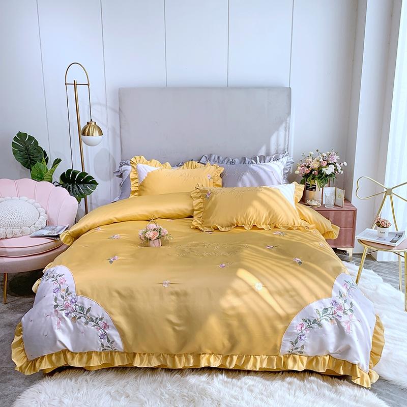 

35 Glossy Satin Cotton Beauty Flowers Bedding Set Lustrous Ruffles Duvet Cover Set Bed Sheet Pillowcases Queen King size 4pcs, Zq4