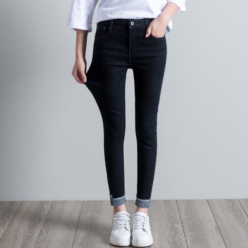 

2020 Spring Summer Plus Size Casual Women Jeans Skinny Slim Fit Stretch Cotton High Waist Denim Pencil Pants for Woman, Black