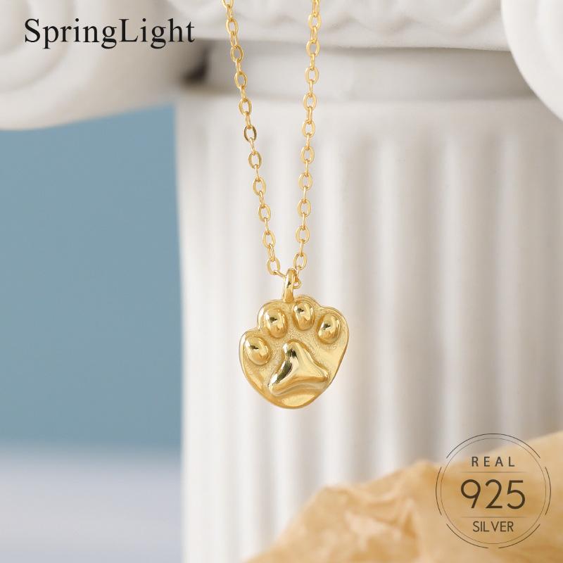 

Springlight Simple Cat Print Clavicle Pendant Necklace Real 925 Sterling Silver Handmade Fine Jewelry Necklace for Women