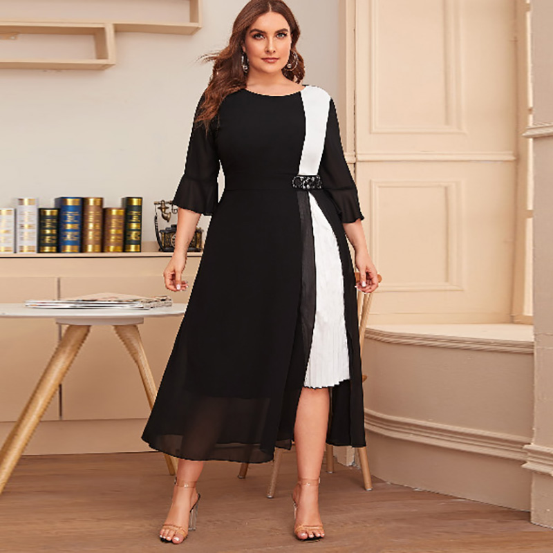 

White And Black Contrast Color Elegant Dress Women Summer Three Quarter Sleeve Casual Dress Plus Size Maxi Long Dresses