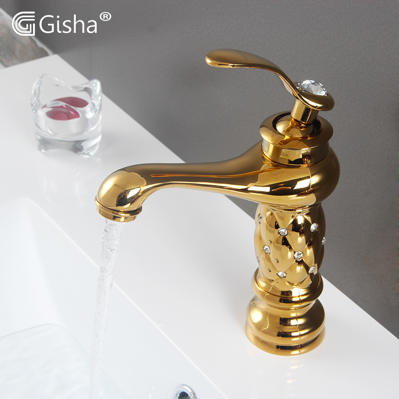 

Gisha Deck Mount bathroom basin gold faucet Brass with Diamond/crystal body tap New Luxury Single Handle hot and cold tap 2G1006