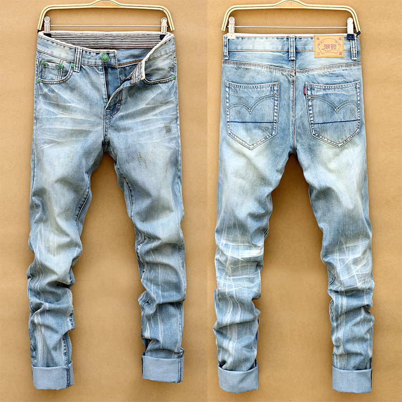 

Harajuku quality vintage retro finishing water wash jeans male plus size light color loose trousers free shipping, Blue