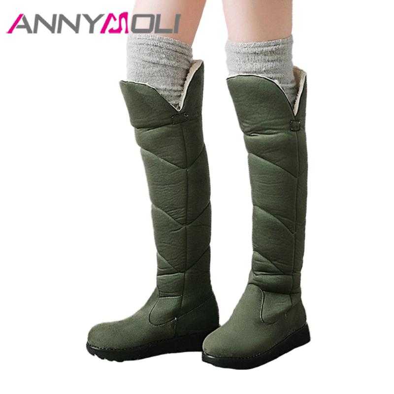 

ANNYMOLI Snow Boots Winter Over the Knee Boots Women Flat Platform Shoes Round Toe Plush Keep Warm Tall Green Beige 34-43