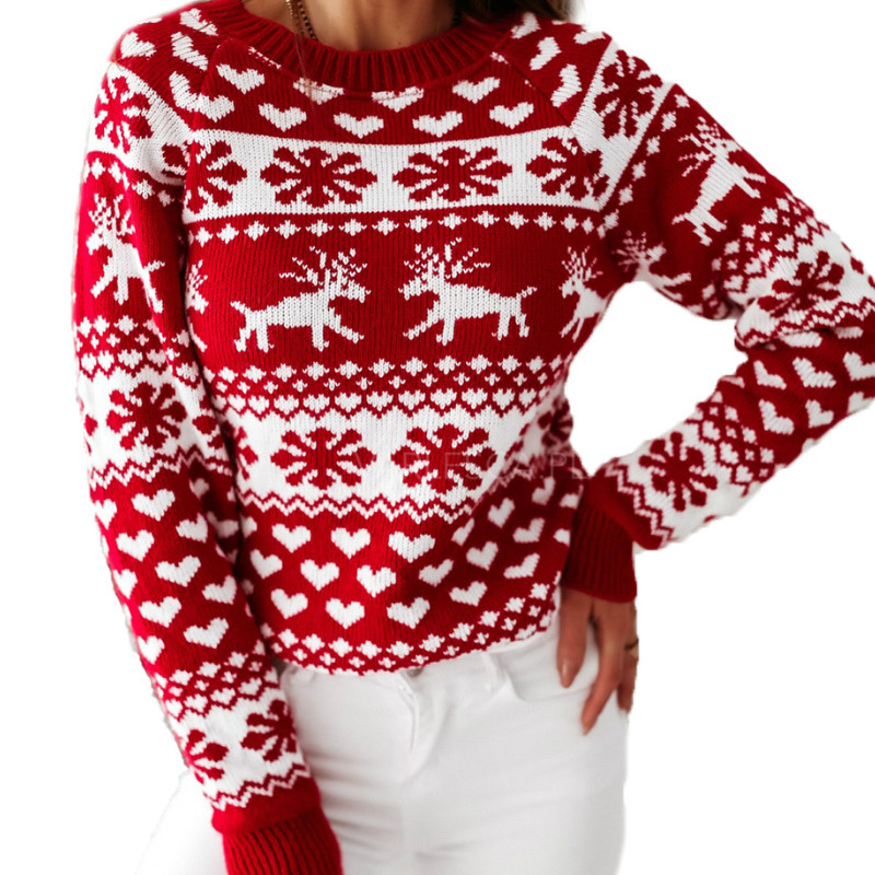 

Women Sweaters Autumn Winter Christmas Clothes Ladies Casual Fashion long sleeve O Neck Pattern Pullover Sweater Knitwear Tops, Red