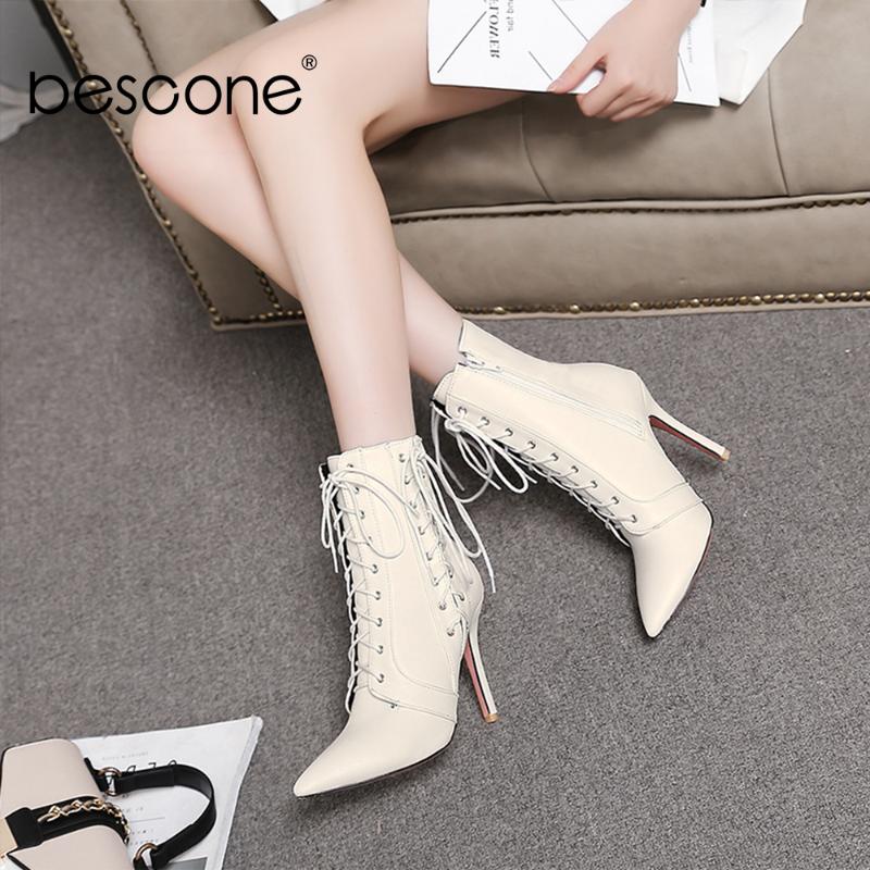

BESCONE Lace-Up Women Mid-Calf Boots Basic Handmade Solid Thin Heel Shoes New Sexy Pointed Toe Super High Heel Lady Boots BM67, Black