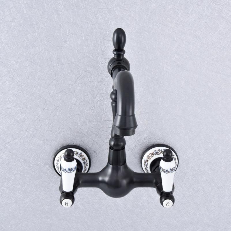 

Black Oil Rubbed Bronze Wall Mounted Double Ceramic Handles Bathroom Kitchen Basin Sink Faucet Tap Lsf711