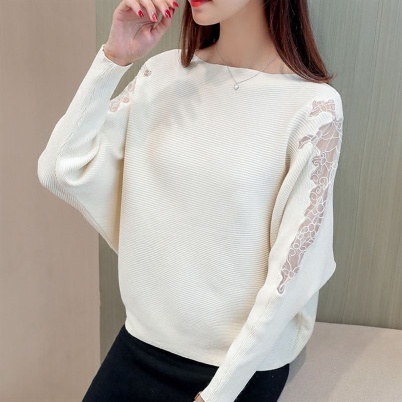 

Women Loose Batwing Knitted Pullover Tops Lace Decoration 2020 Autumn Striped Sweaters With Holes Pullovers Fashion Jumper, Beige