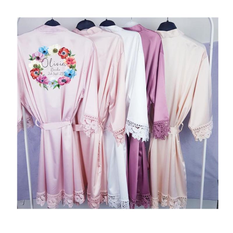 

Wedding lace satin floral wreath robe custom bridal party initial dressing gown bridesmaid gift sister of bride silk kimono robe