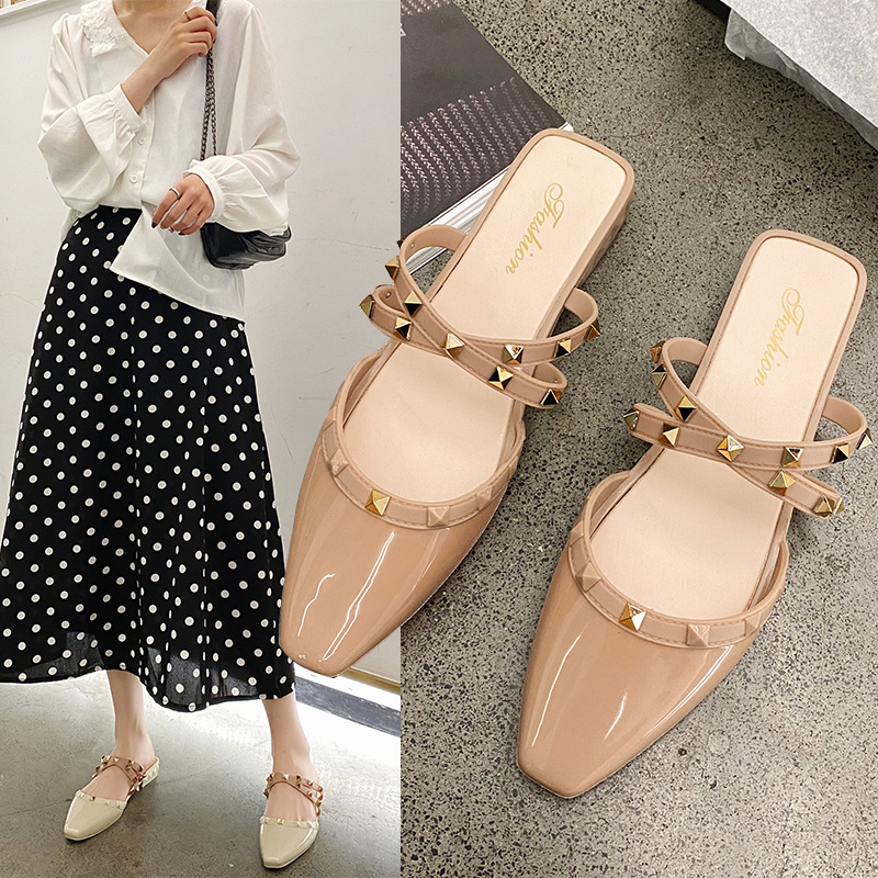 

Woman Rivet Baotou Low Heeled Slippers Women's Classic Roman Elegant Style Slides Casual Outer Wear Cross-band Half Slippers, Black