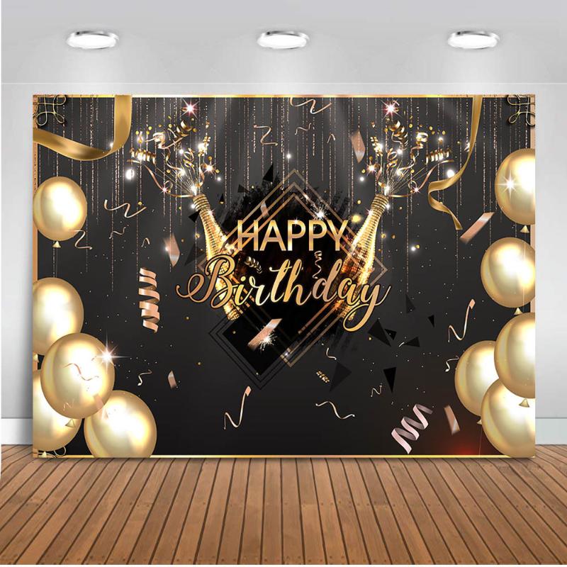 

Happy Birthday Balloons Champagne Graduation Party Backdrop for Photography Gold Decoration Supplies for Photographic Photo Prop