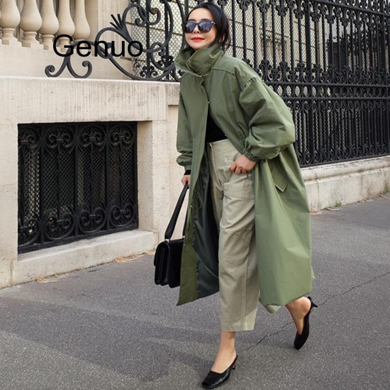 

Korean Casual Loose Solid Color Long Trench Women Spring New Turn-down Collar Zippers All Match Female Coats, Army green