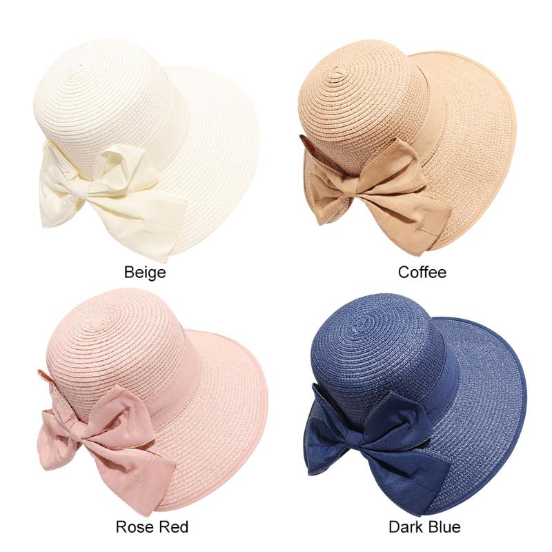 

Women Pure Color Bowknot Summer Straw Sun Protection Cap Casual Bowknot Women Beach Ribbon Bow Wide Brim Panama Hat, Beige