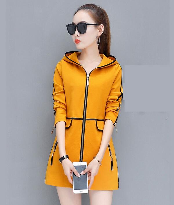 

Fashion Hooded Spring Autumn Jacket Women Medium Long Thin Windbreaker Coat Zipper Slim Casual elegant Female Jacket, Beige