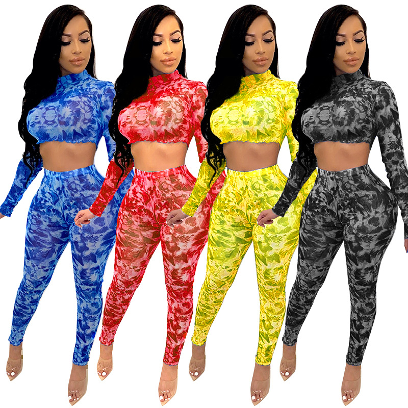 Womens Floral Two Piece Pants O-Neck Long Sleeve Slim Short Tees High Waist Pencil Pants Famale 2pcs Clothing-image-514001881