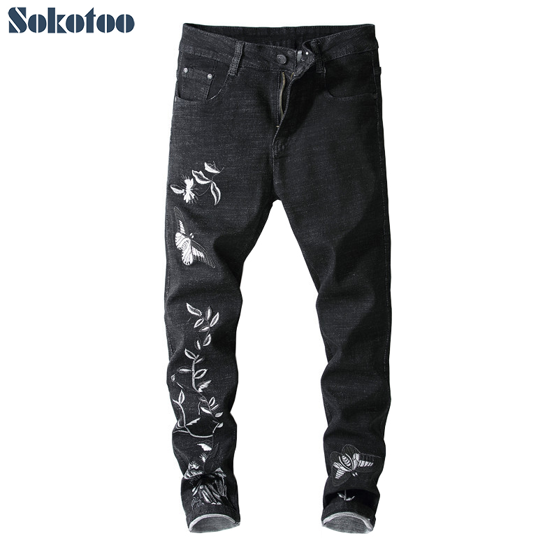 

Sokotoo Men's white butterfly flower embroidery black jeans Fashion stretch denim skinny pants