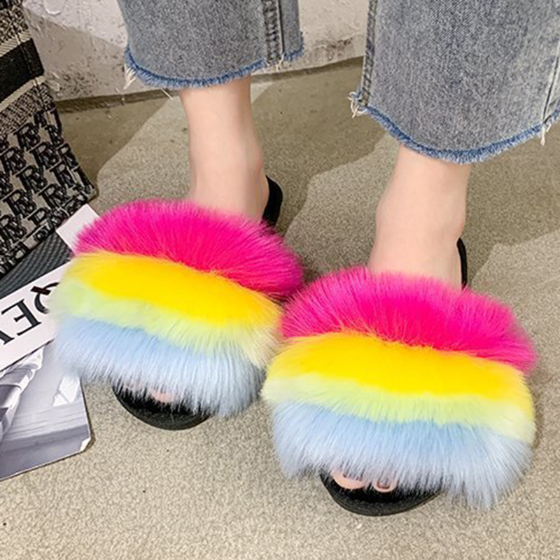 

Fur Slippers Women Flat Plush Fluffy Indoor Slippers Slides Winter Autumn Fashion Soft Women Faux Fur Furry Bedroom House Shoes, Yellow
