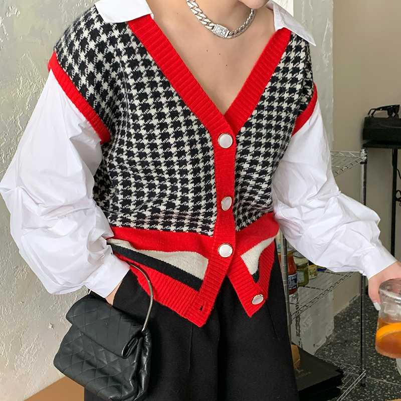 

Fake Two-Piece V-neck Knitted Cardigan Women Autumn Loose Long Sleeve Puff Sleeve Sweater Coat 2020 New Style Top, Pants