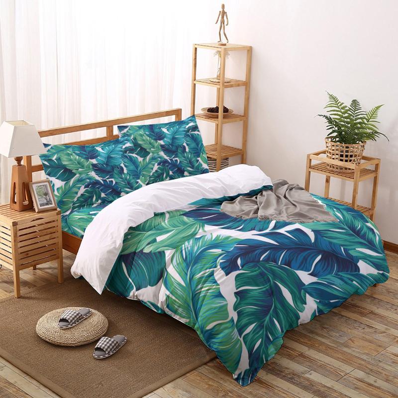 

Leaves Tropical Turquoise Green Palm Leaves Blades Printed Duvet Cover Set 4 Piece Bedding Set Home Textile Customizable, As pic