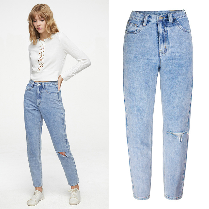 

Ladies jeans spring and autumn fashion women' loose casual pants trousers women high waist loose hole jeans women' trousers, Light blue